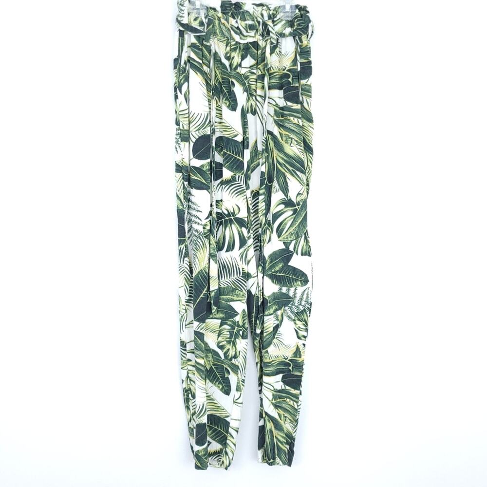 H&M Palm Print Tropical Ankle Pants Size 2 Green White, Resortwear Vacation